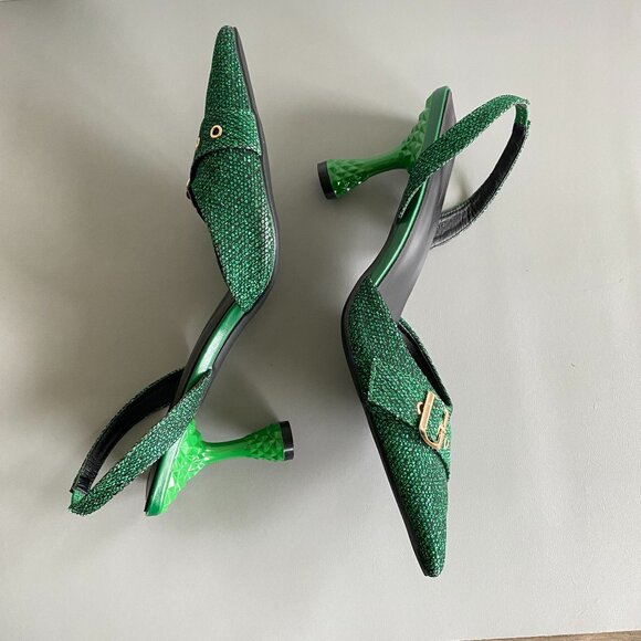 Green Sparkly Pointy Toe Sling Back Heeled Shoes Sz 10 - Picture 7 of 12